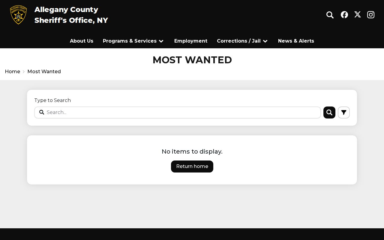 Allegany County official Most Wanted search interface with no items displayed