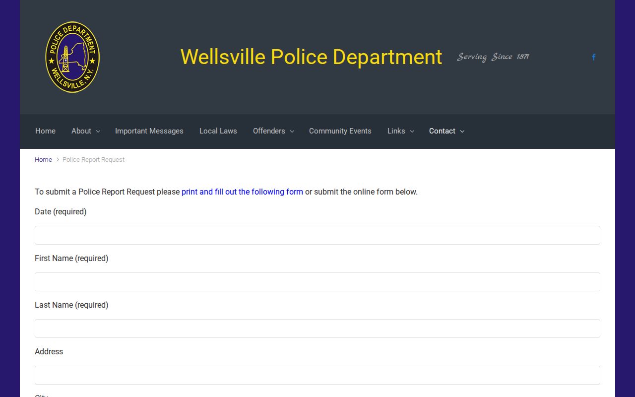 Wellsville Police Department report request page